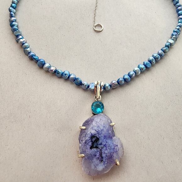 Sterling 925 Blue Pearl Necklace Choker coquette fairy Blue Solar Quartz In Box - Picture 4 of 9